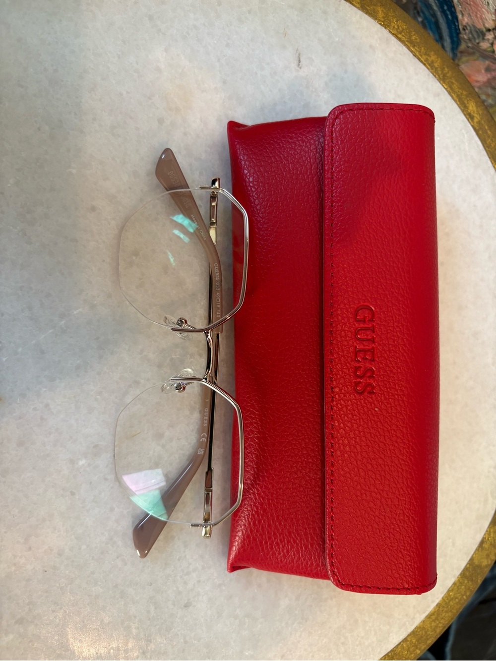 Guess Red Leather Glasses Case with Rimless Silver-Frame Eyewear